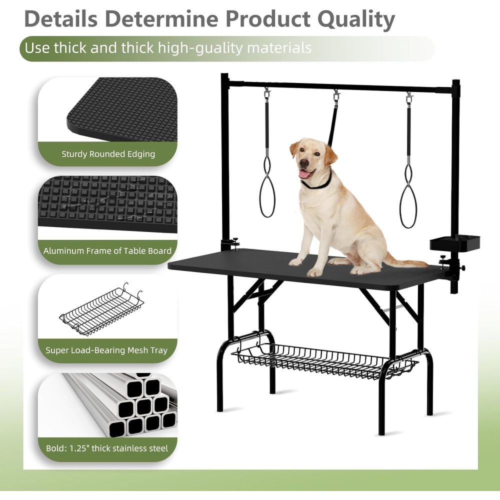 47''Large Dog Grooming Table, Foldable Pet Station at Home, Dog Grooming Table,Adjustable Cat Drying Desktop with Arms, Nooses, Mesh Tray (47Inch Pet Grooming Table Black)