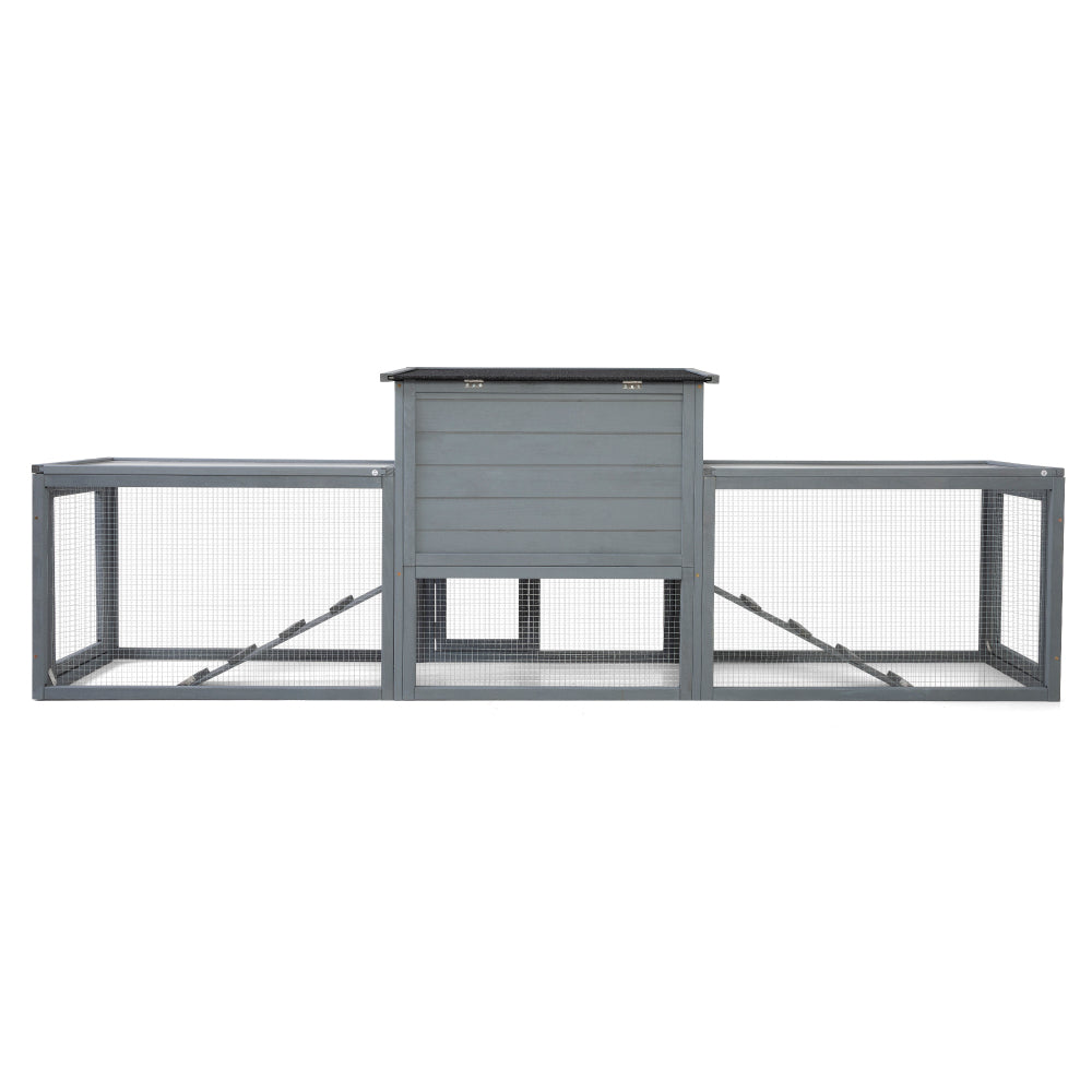 Large 2-Story Outdoor Rabbit Hutch, Bunny House with Dual Runs, Resting Room, PC Sun Roof, Pull-Out Tray, Ramps & Doors, Weatherproof Guinea Pig Cage Enclosure, Gray with Colorful Patterns