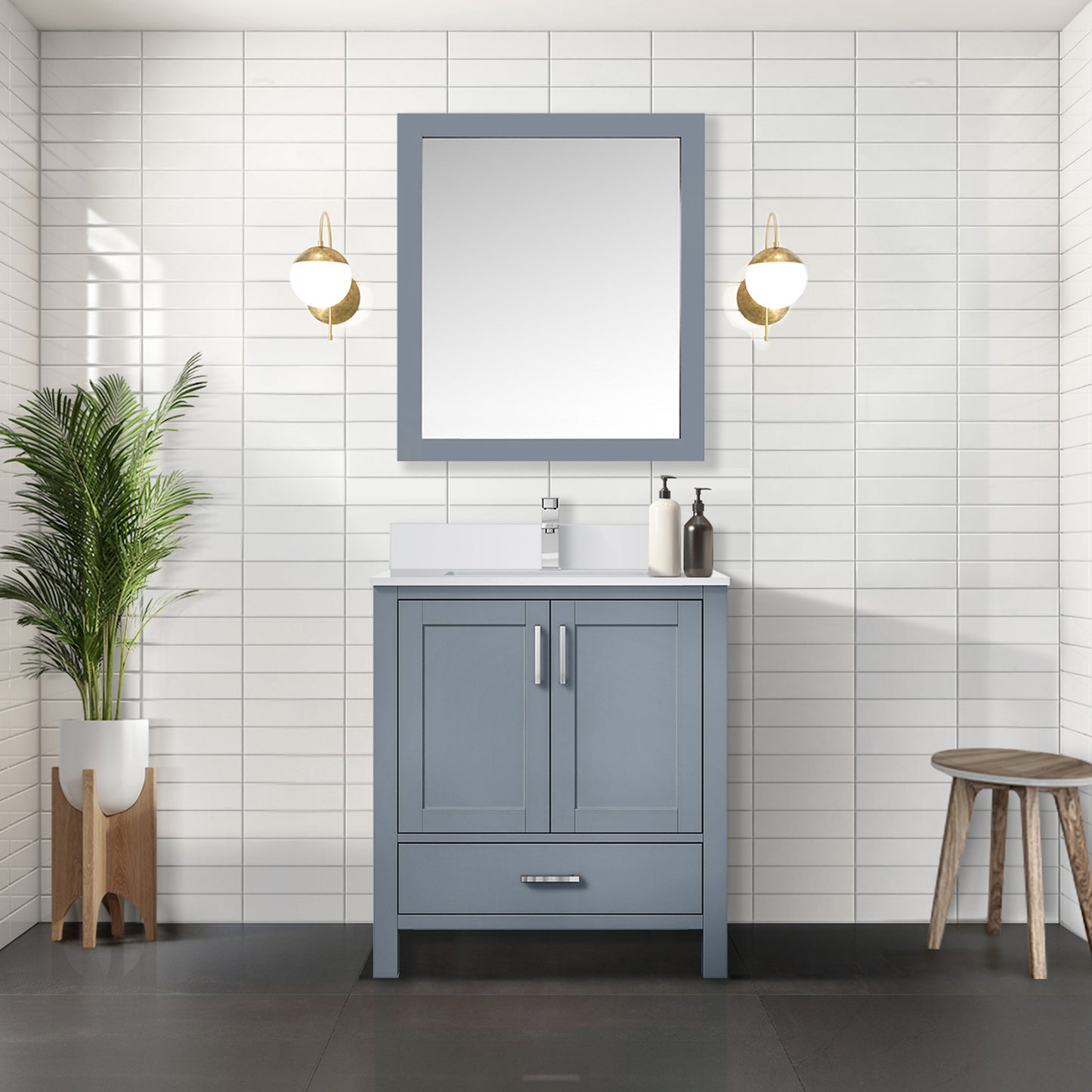 Dark Grey Bath Vanity 30 in. W x 22 in. D, White Quartz Top, Faucet Set, and 28 in. Mirror