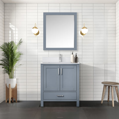 Dark Grey Bath Vanity 30 in. W x 22 in. D, White Quartz Top, Faucet Set, and 28 in. Mirror