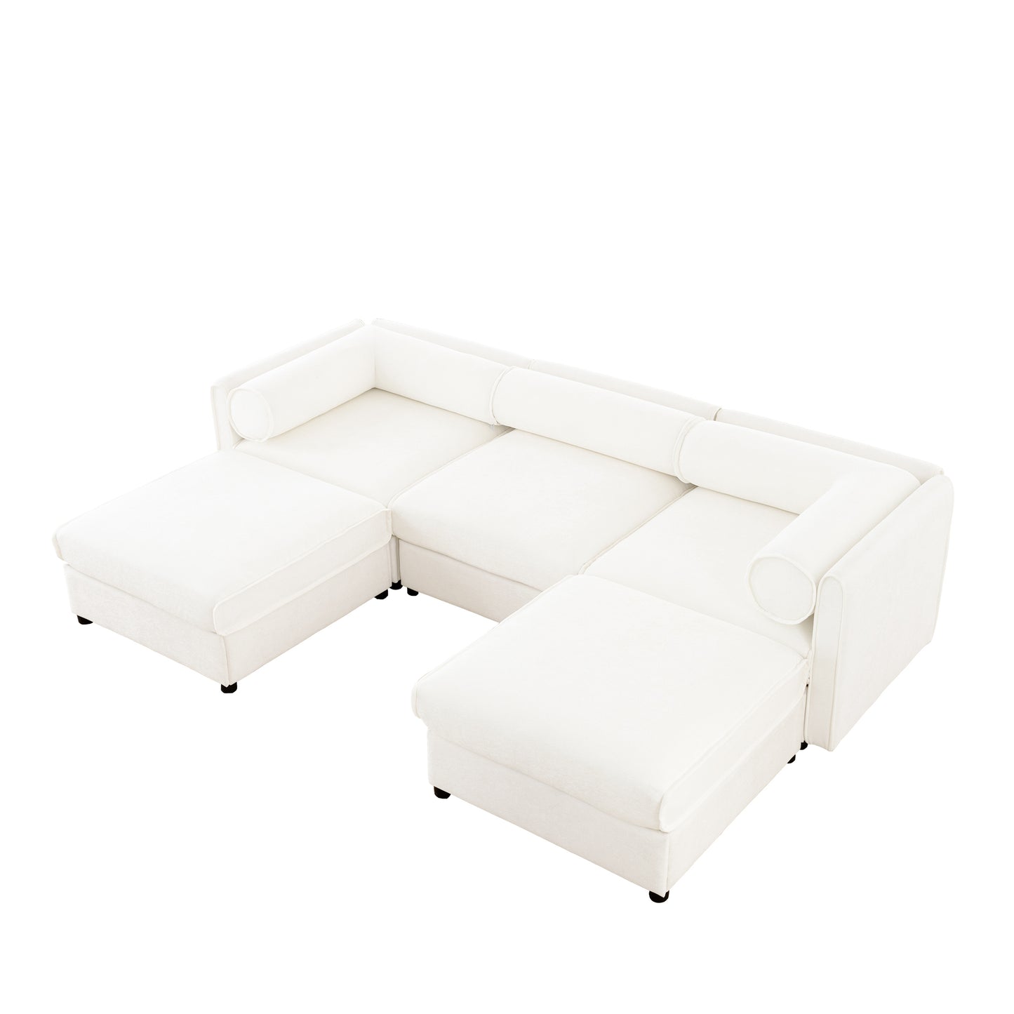 Contemporary Elegant White Chenille Sofa with Storage and Ottoman, U-Shaped 3-Seater with Cylindrical Backrest