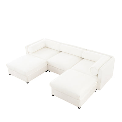 Contemporary Elegant White Chenille Sofa with Storage and Ottoman, U-Shaped 3-Seater with Cylindrical Backrest