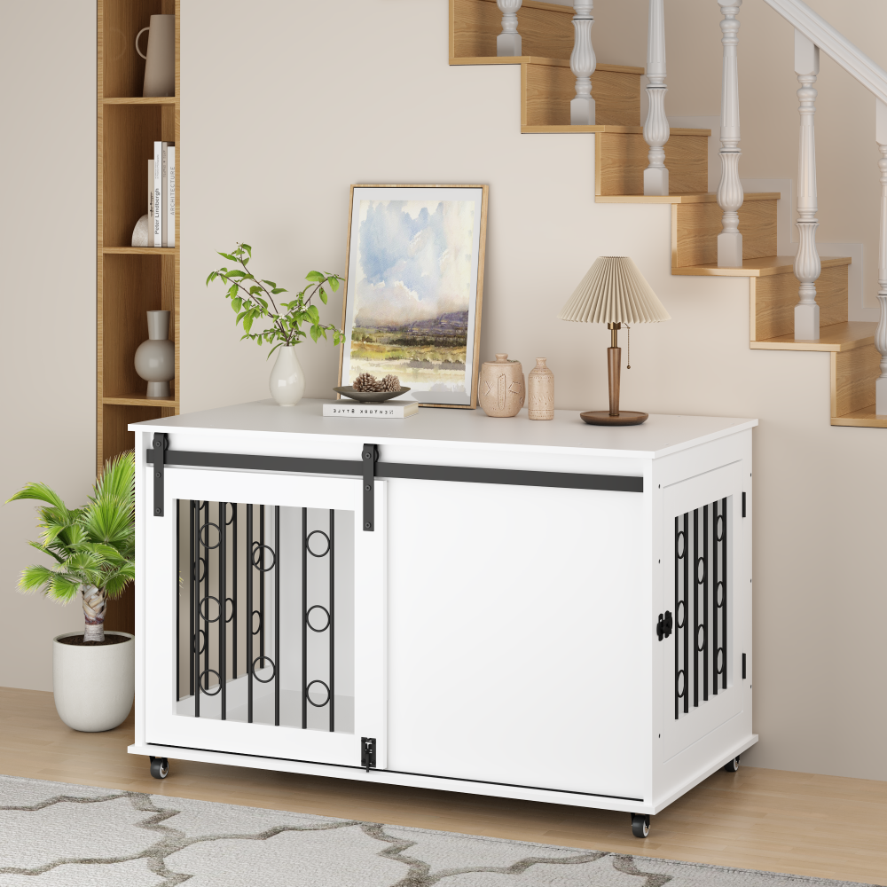 39.37'' Modern Wooden Dog Crate Furniture with Sliding Barn Door and Side Door, Indoor Dog Kennel End Table for Small to Medium Dogs, Decorative Pet Crate with Metal Bars and Lockable Wheels – White