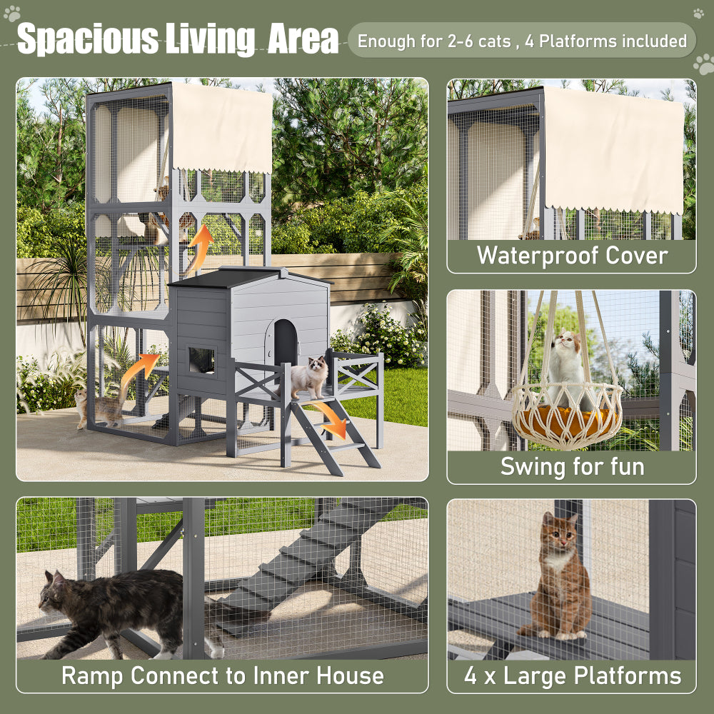 Catio Cat House Outdoor Large Cat Enclosure, Wooden Cat Cage for Multiple Cats with Jumping Platforms and Cat Swing, Removable Waterproof Cover, UV Resistant, 2 Combination, Gray
