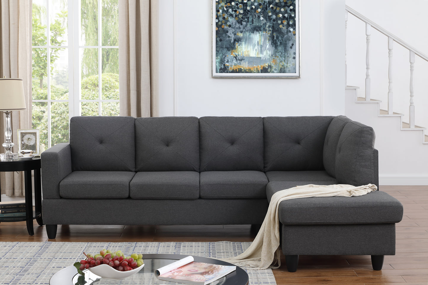 Santiago 96' Dark Gray Linen Sectional Sofa with Right Facing Chaise