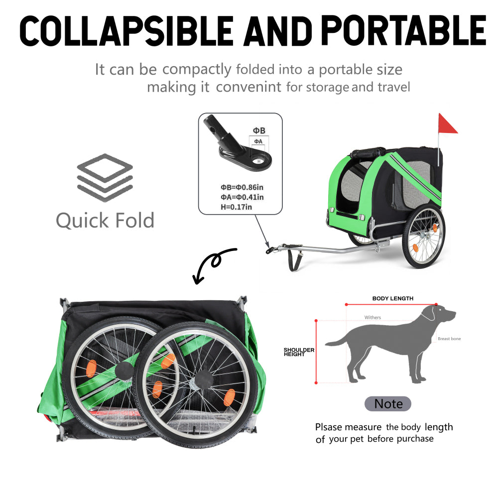 Large Folding Bike Trailer for Dogs – 100LB Capacity All-Terrain Pet Carrier, Durable Steel Frame for Cycling, Jogging, Camping & Outdoor Adventures, Black- Green