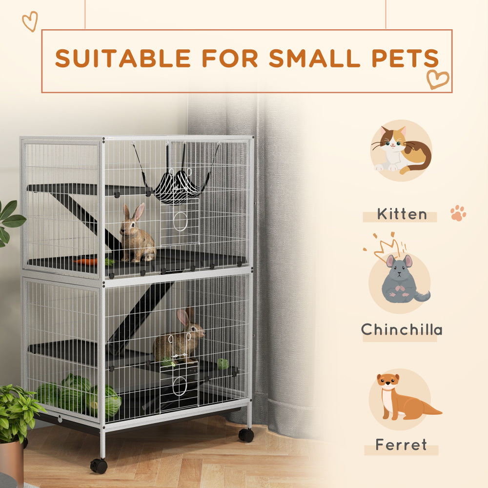 PawHut 50" H 5-Tier Small Animal Cage, Ferret Cage, Large Chinchilla Cage with Hammock Accessory Heavy-Duty Steel Wire, Small Animal Habitat with 4 Doors, Removable Tray, White