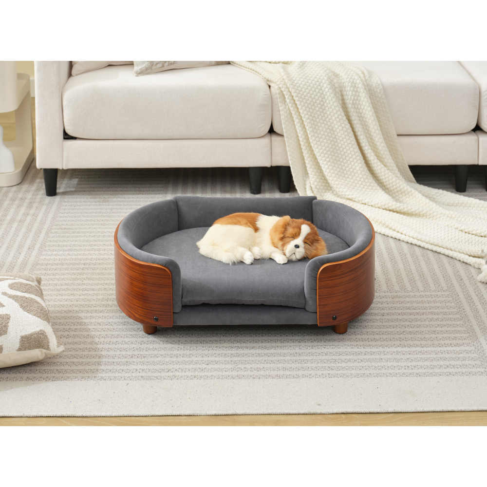 Scandinavian style Elevated Dog Bed Pet Sofa With Solid Wood legs and Bent Wood Back, Velvet Cushion,Mid Size,Dark Grey