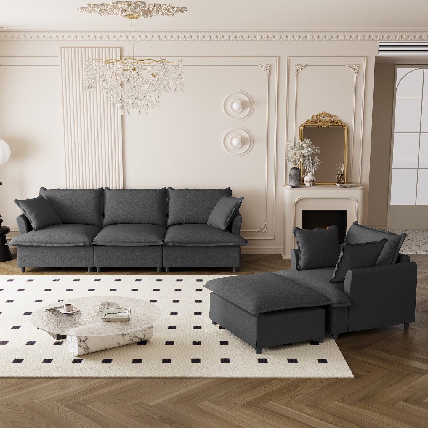 [New+Video] 3 Piece Living Room Sofa Set,Modular L Shaped Chenille Sectional Couch,Upholstered 3 Seater Sofa & Armchair & Movable Ottoman,5 Seat Indoor Furniture for Office,Bedroom,Apartment,2 Colors
