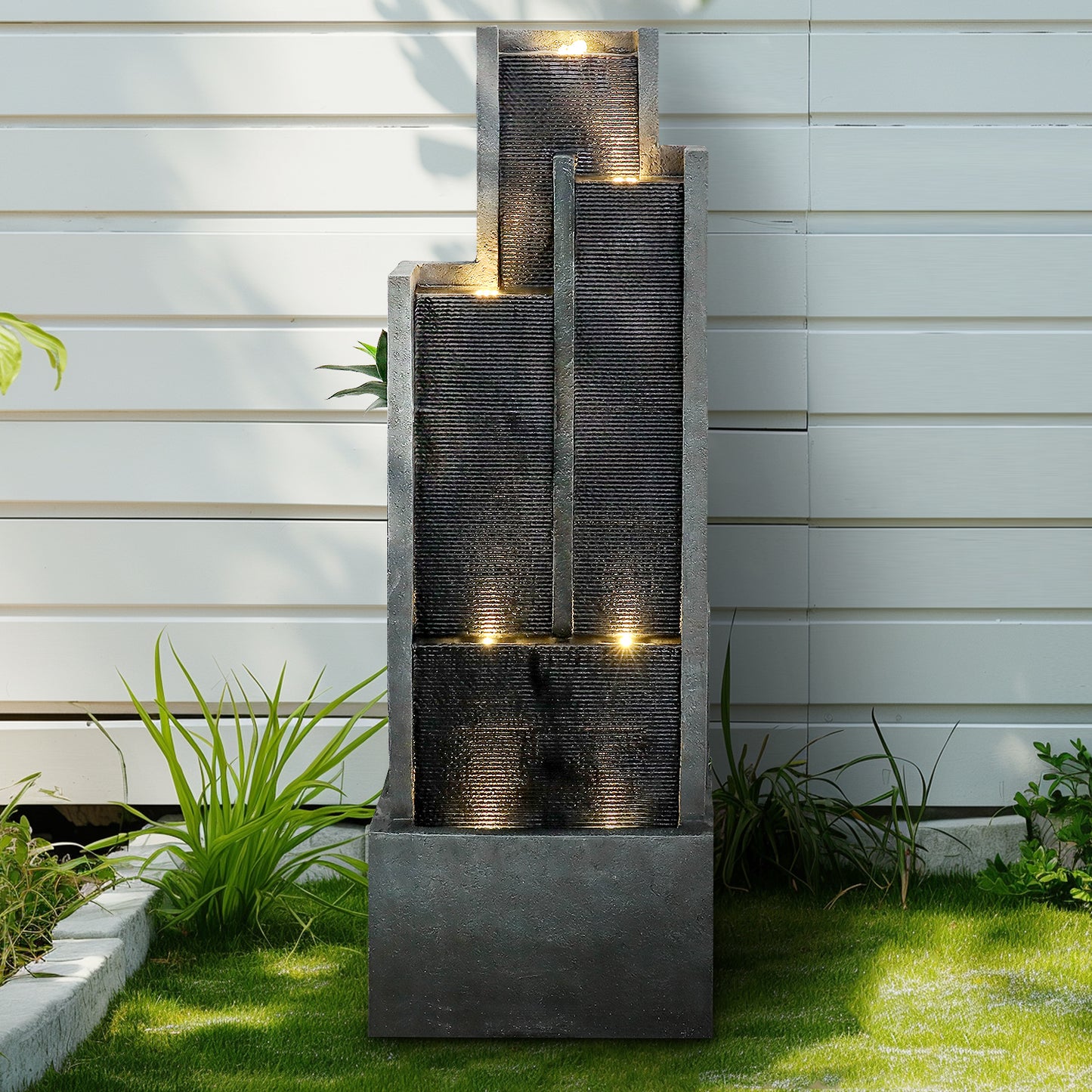 4-Tier Modern Cascading Indoor/Outdoor Fountains and Waterfalls with LED Lights - 50.7" High Larger Water Fountain for Garden, Patio, Yard, and Deck Decor - Relaxing Water Fountain Outdoor