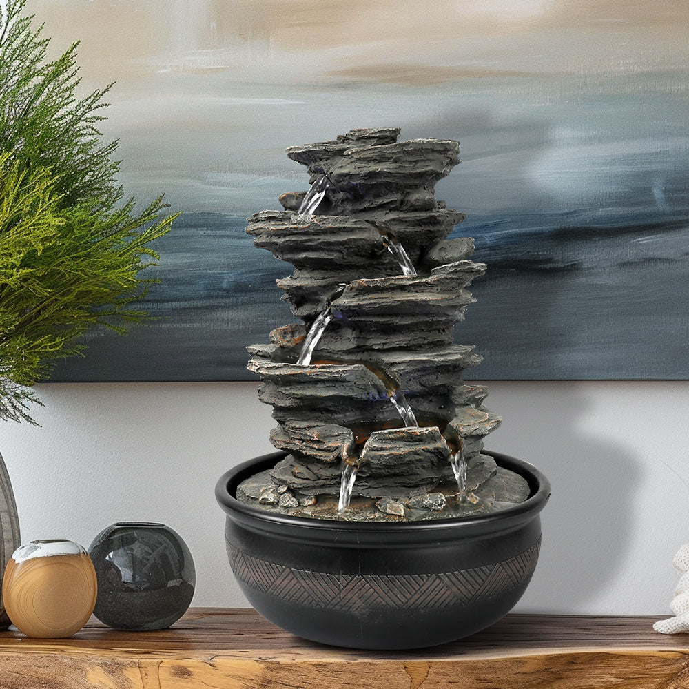 6-Tiered Resin Stacked Rock Indoor Tabletop Fountain-15.7"H