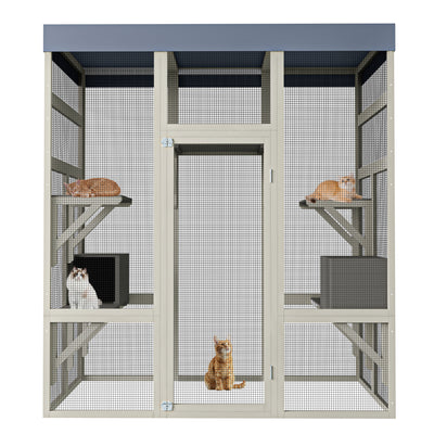 62.6" Outdoor Wooden Catio for Cats, Large Cat Enclosure with Waterproof Roof, 2 Cat Houses & Platforms, Secure Rust-Proof Wire Pet Cage for Patio or Backyard