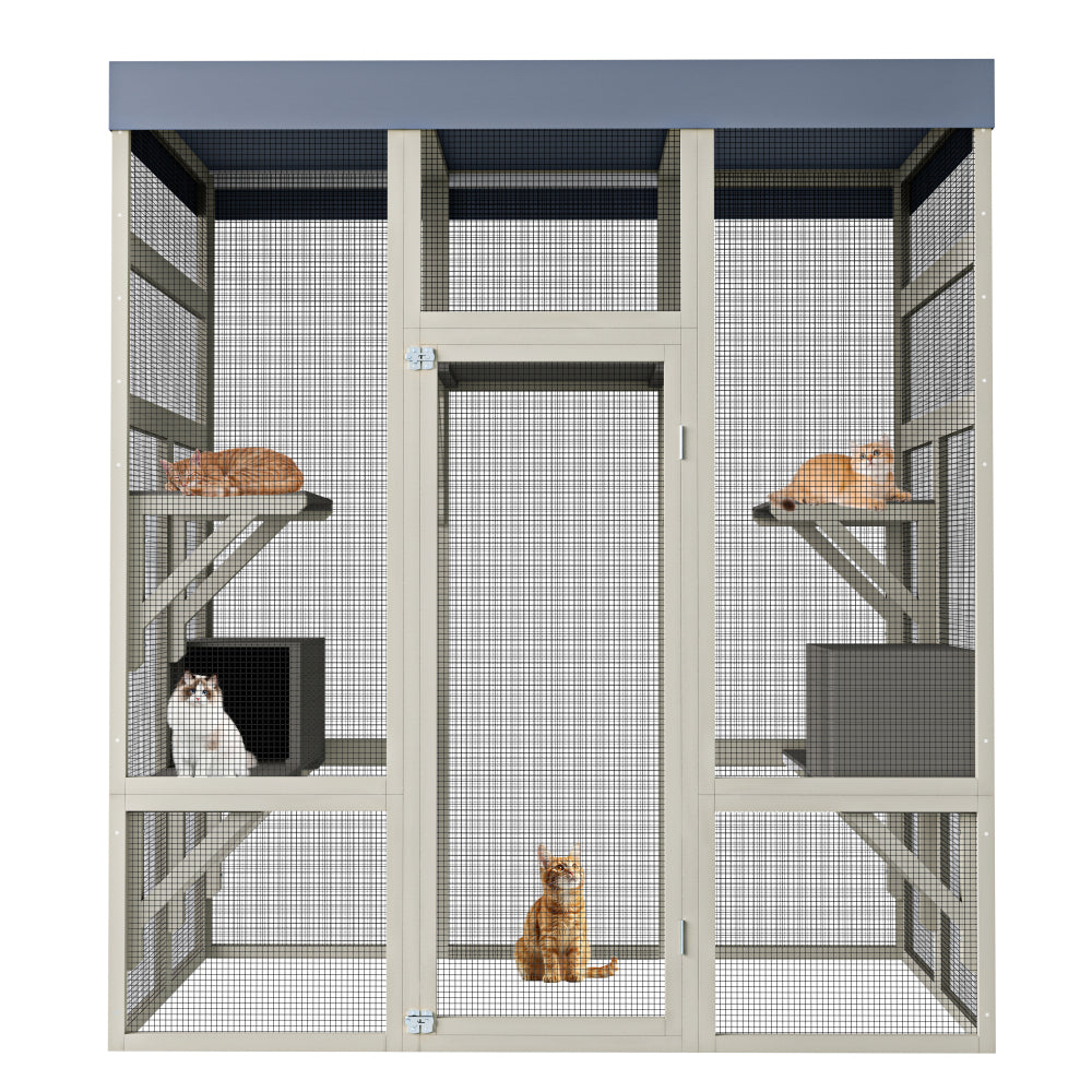 62.6" Gray Wooden Catio Outdoor Pet Enclosure with Waterproof Top, Spacious and Secure Cat House & Small Animal Cage, Black Rust-proof Metal Wire