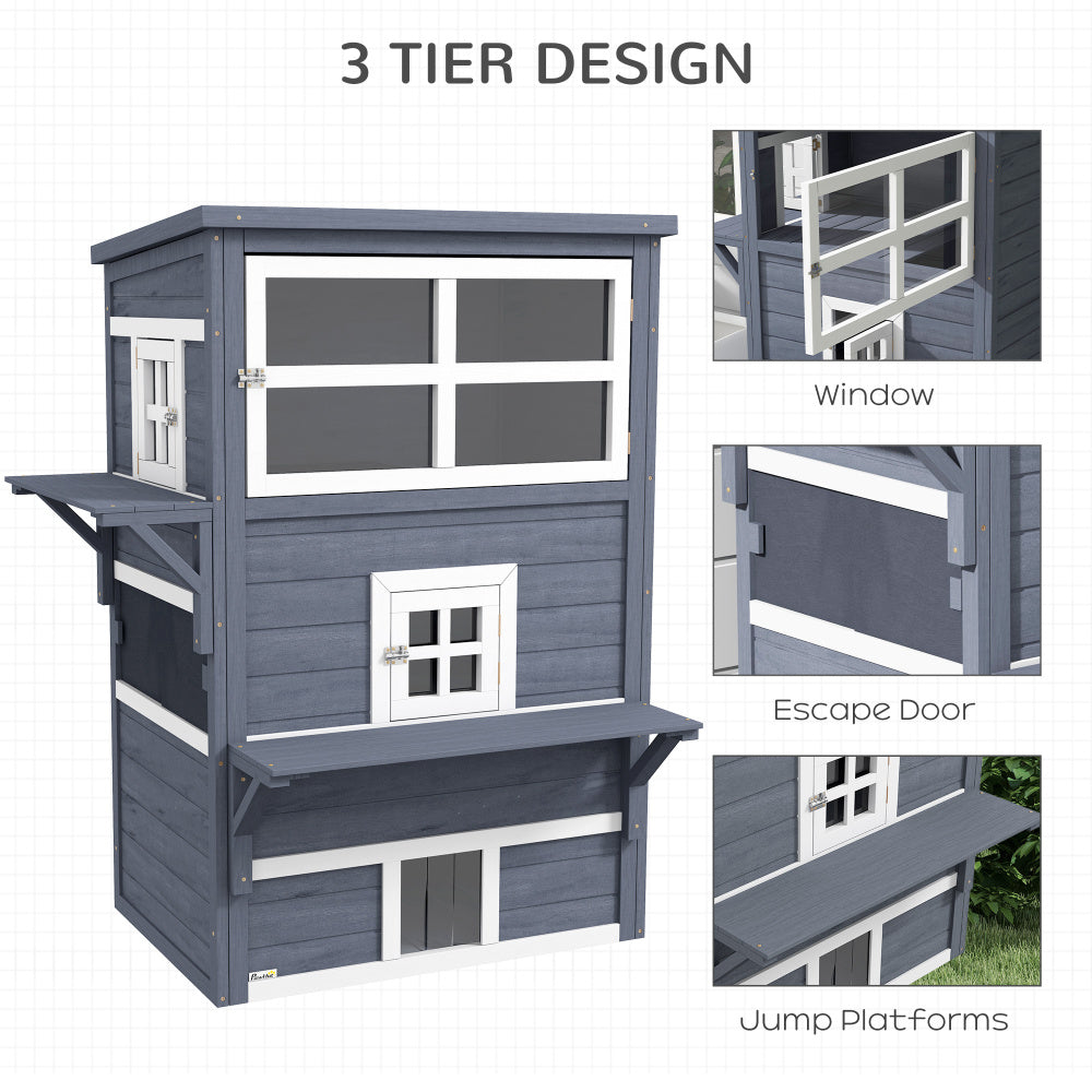 PawHut 3-Story Cat House Feral Cat Shelter, Outdoor Kitten Condo with Raised Floor, Asphalt Roof, Escape Doors, Jumping Platforms, Dark Gray