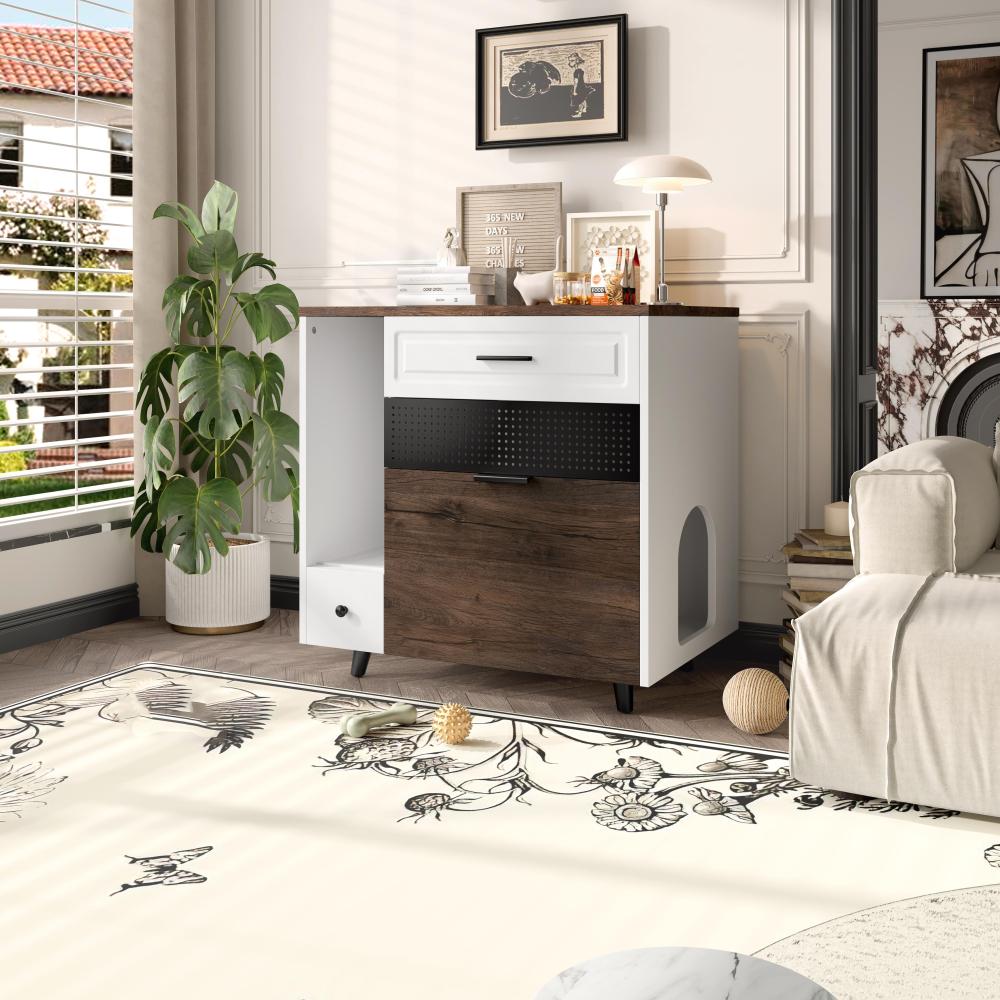 Cat Litter Box Enclosure, Indoor Hidden Cat Litter Box Furniture with 2 Drawers and Door, Cat House End Table for Living room, White and Brown