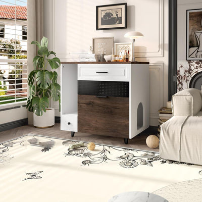 Cat Litter Box Enclosure, Indoor Hidden Cat Litter Box Furniture with 2 Drawers and Door, Cat House End Table for Living room, White and Brown
