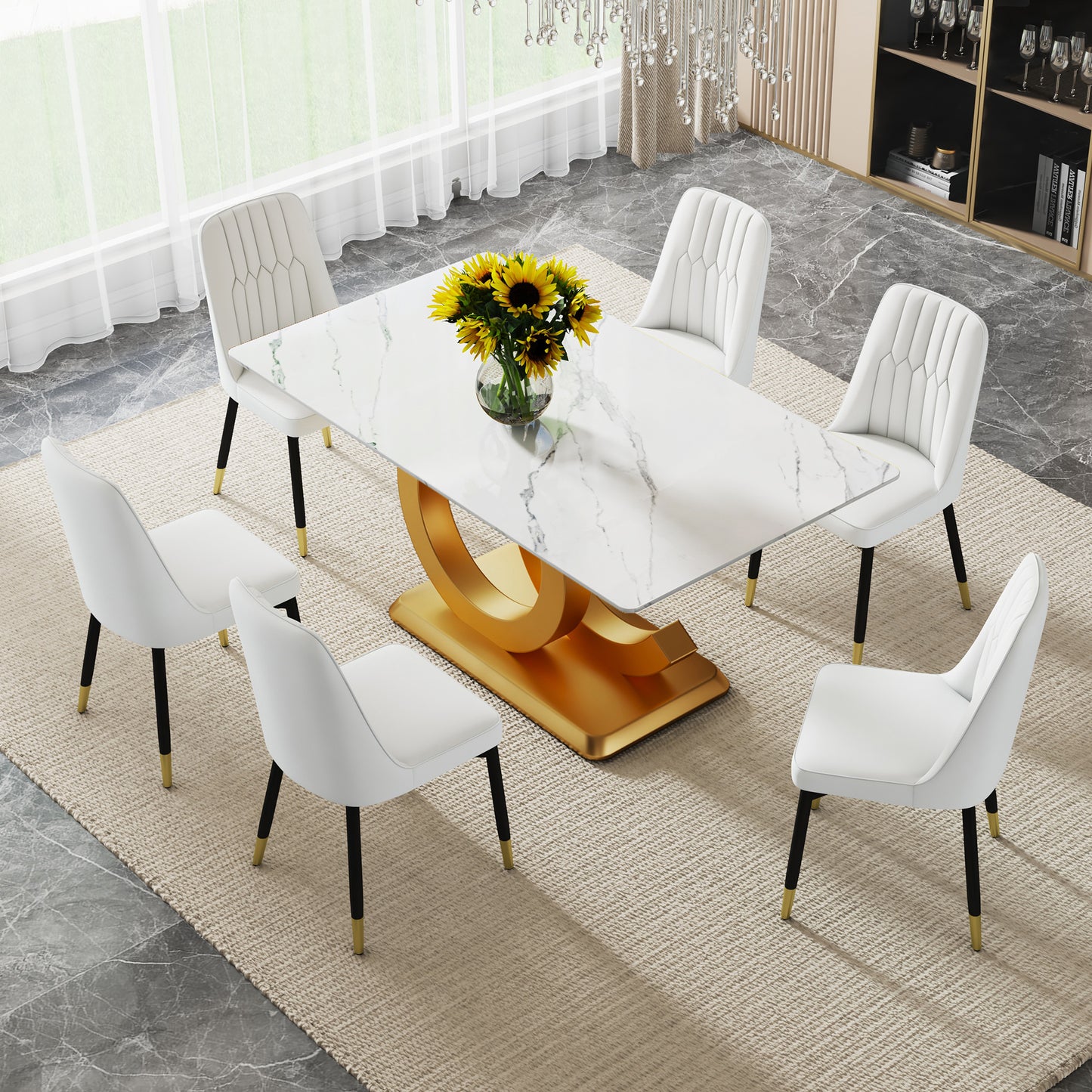 A large modern minimalist rectangular dining table suitable for 6-8 people,  A set of 6-piece PU leather backrest and black metal legs modern dining chairs.  F-OC  C-007