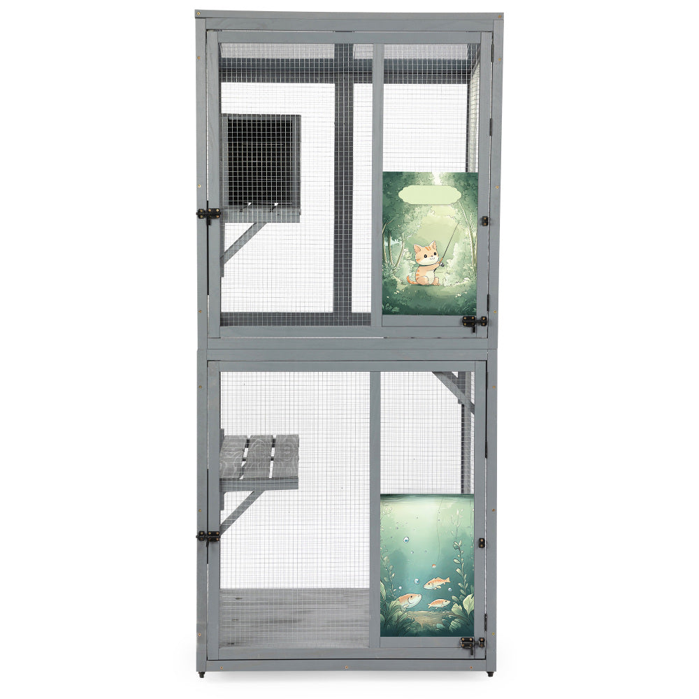 70-Inch Cat Window Catio House, Outdoor Wood Cat Enclosure with Wheels, Platforms, Resting Condo, Lockable Doors, Sunshine Roof, Personalized Color Panels, Gray