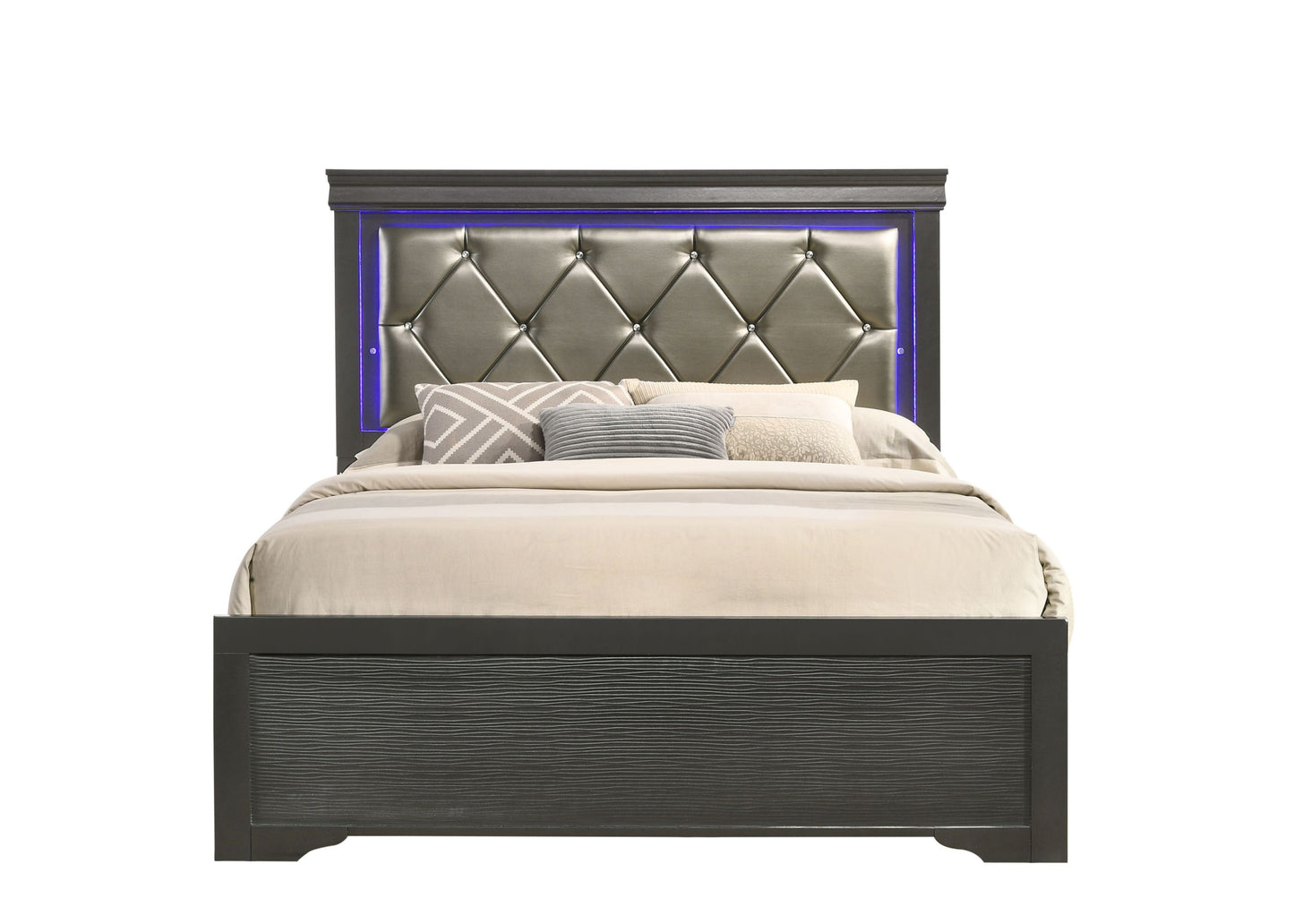 Modern Queen Size LED Bed made with Wood in Gray