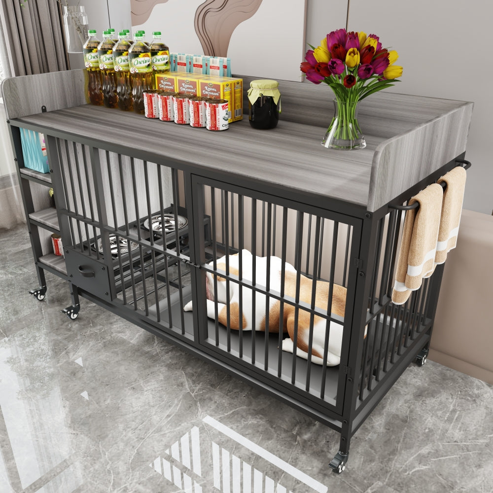 Large pet cage with storage rack, drawers with stainless steel food and water basin, made of iron frame and MDF material, sturdy, exquisite, and practical (black+smoke gray)