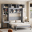 Queen Size Wall Murphy Bed with Desk, Top Cabinet and Storage Shelves, Space Saving Foldable Bed,Gray
