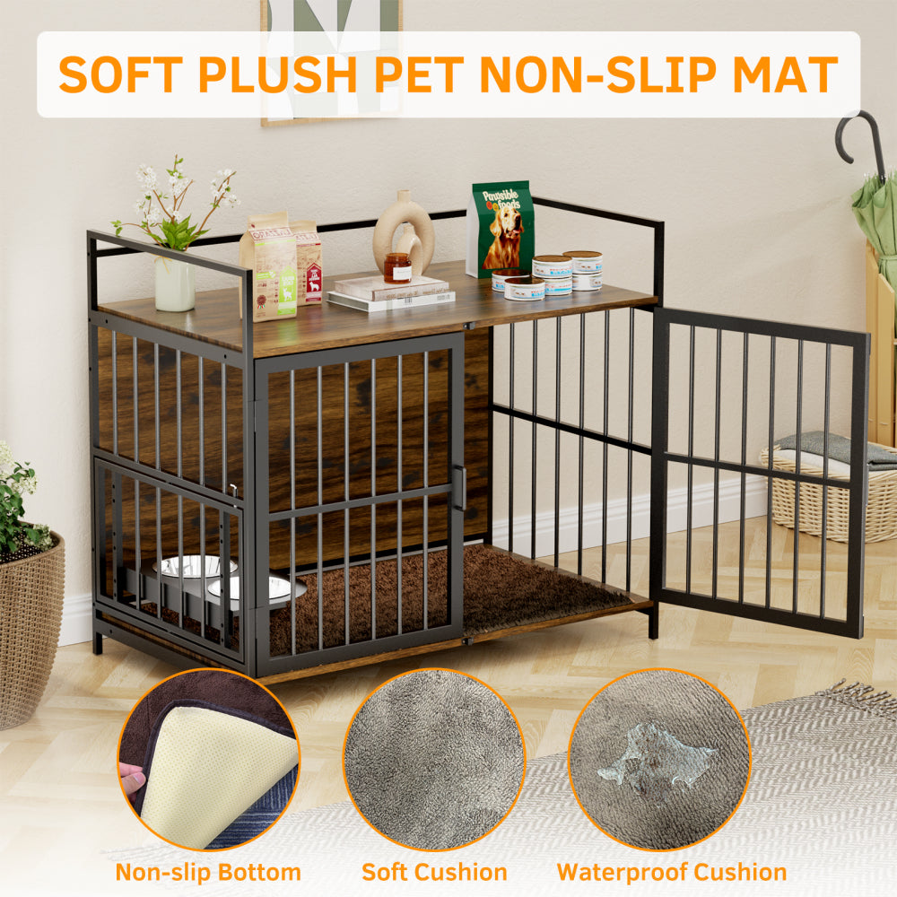 Dog Cage Furniture with Cushion, Dog Kennel Indoor with Rotating Feeder Bowls, Heavy Duty Indoor Puppy Cage Kennel for Medium to Large Dogs, 41" L X 23.6" W 35.8" H, Brown