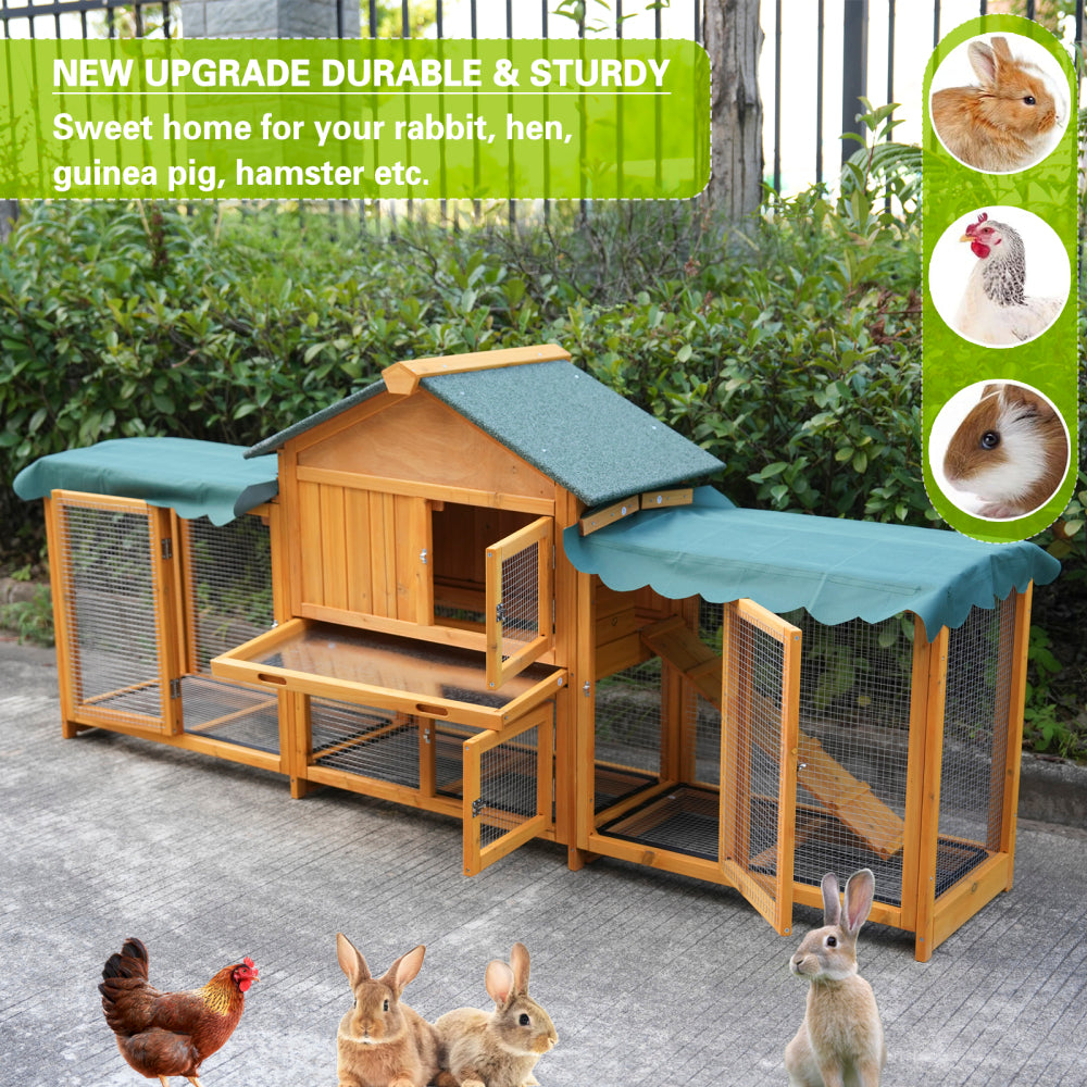 82inches Extra Large Wood Rabbit Hutch Outdoor Easy to Assemble and Stable Bunny Cage Indoor with Cleaning Tray & Waterproof Roof for Small and Medium Bun,Removable waterproof and sun protection cover