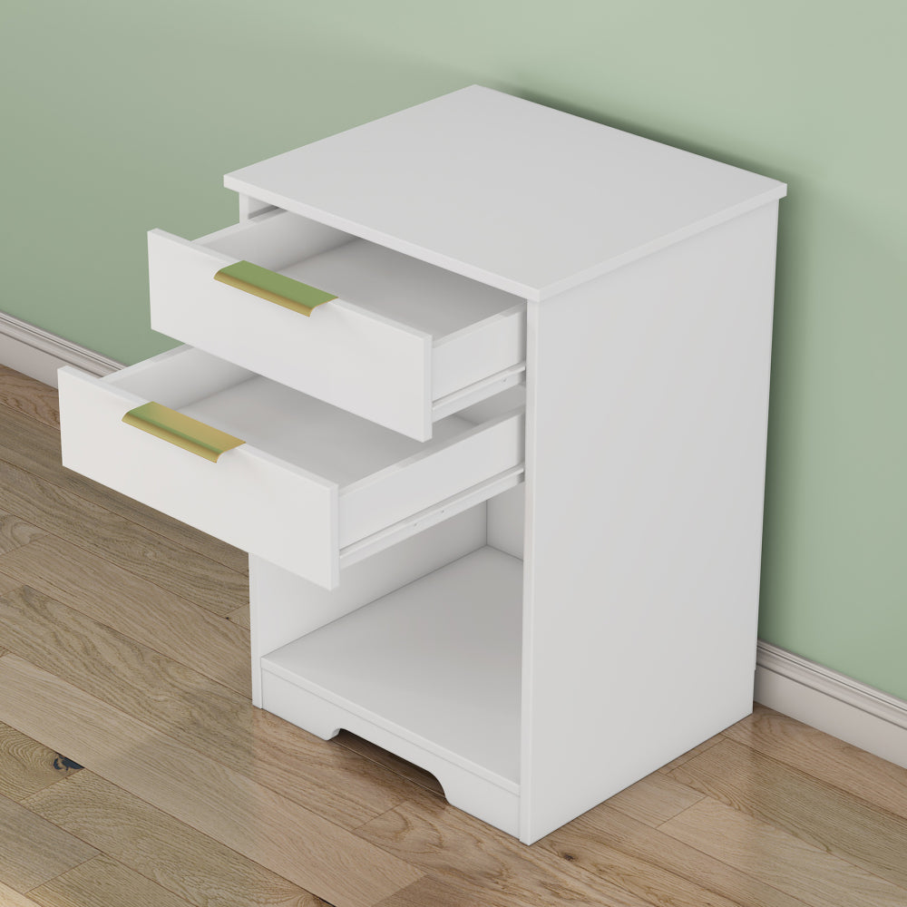 SunJet Nighstand With 2 Drawers,End Table,Nightstand with Open Space,Golden Handle,Morden Design,For Living Room,Bedroom,Easy Assemble,White