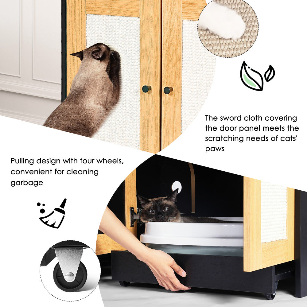 Double Litter Box Enclosure,Cat Litter Box Enclosure for 2 Cats, Hidden Litter Box Furniture with Rattan Doors, 47" L x 19.8" W x 21.8" H,Black