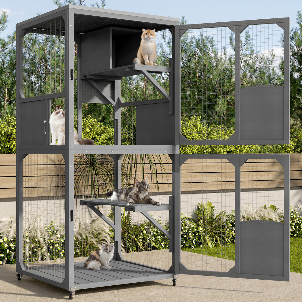 GO Large Cat Catio 4 Tiers Cat Enclosure for Outdoor, Cat House Weatherproof Attached to Window for Multiple Cats with Platforms and Resting Rooms, Brown