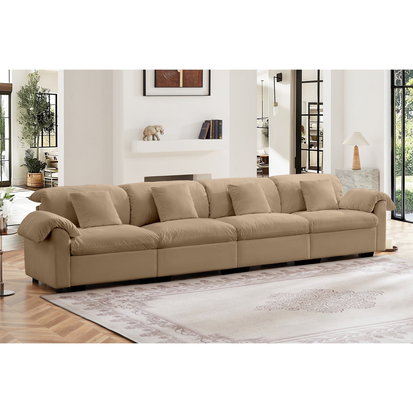 Extra Large and Long 4 Seater Modern Velvet Sofa, Oversize Sofa, Cloud Like Comfortable Couch with Comfy Seat and Back Support,4-Seat Couch Storage Function Under Each Seat and Storage ,Tan