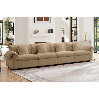 Extra Large and Long 4 Seater Modern Velvet Sofa, Oversize Sofa, Cloud Like Comfortable Couch with Comfy Seat and Back Support,4-Seat Couch Storage Function Under Each Seat and Storage ,Tan