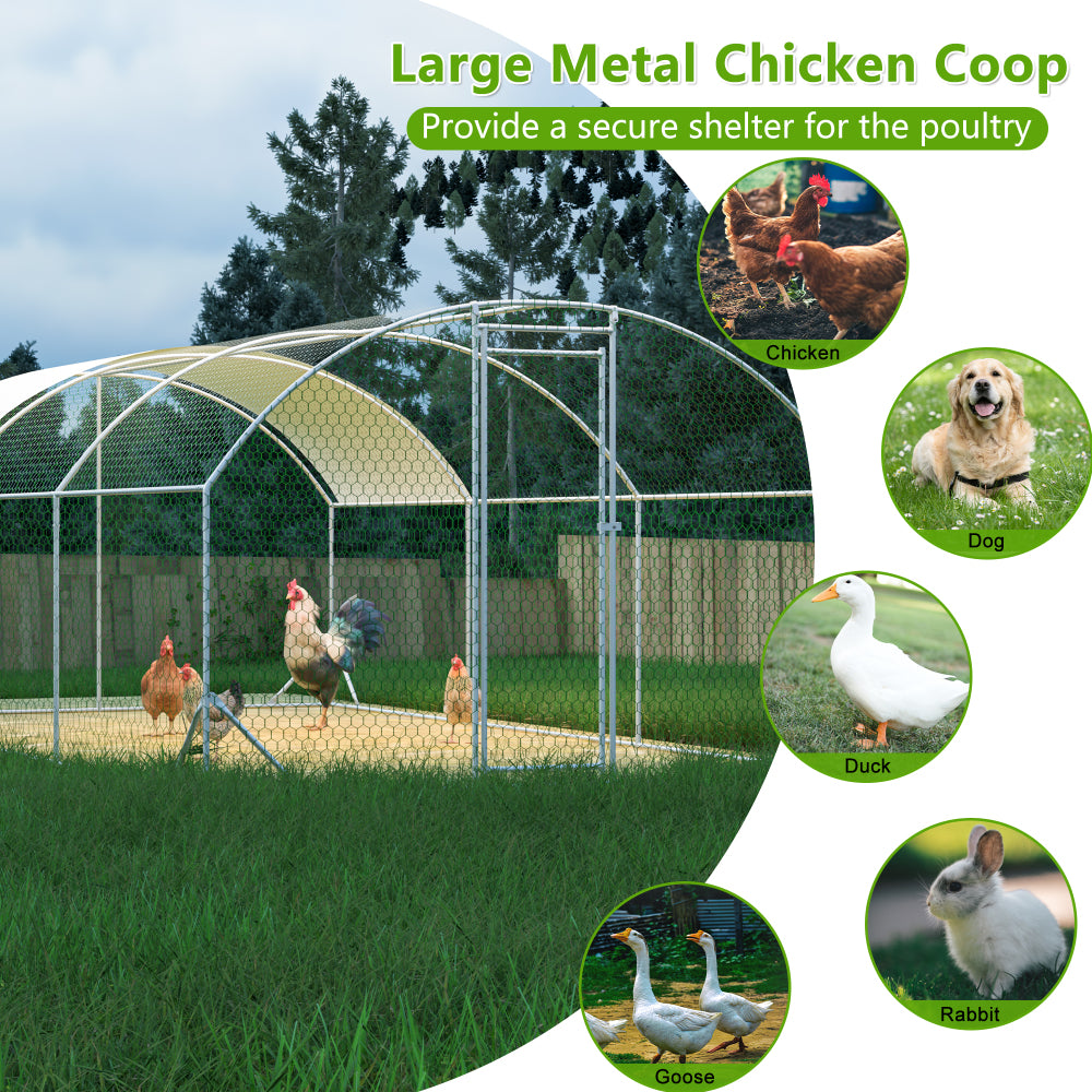 Large Chicken Coop Metal Chicken Run with Waterproof and Anti-UV Cover, Dome Shaped Walk-in Fence Cage Hen House for Outdoor and Yard Farm Use, 1" Tube Diameter, 9.84' x 19.68' x 6.56'