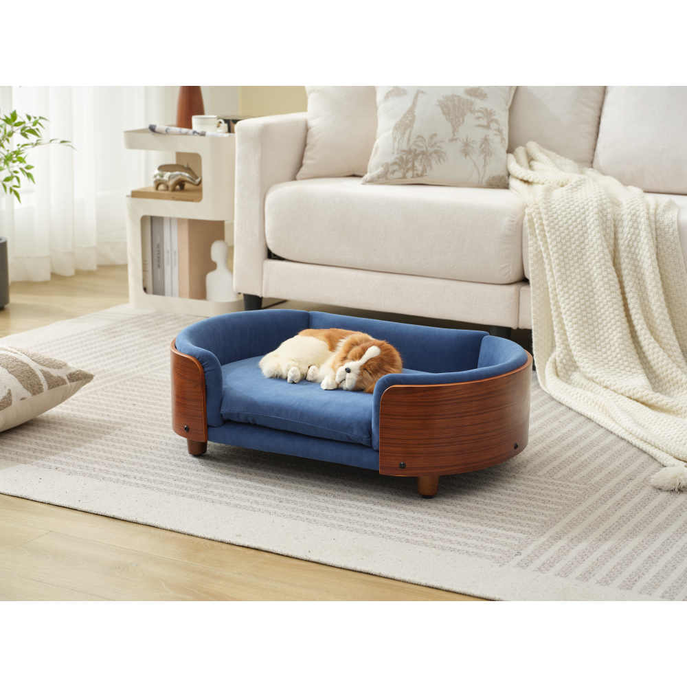 Scandinavian style Elevated Dog Bed Pet Sofa With Solid Wood legs and Walnut Bent Wood Back, Dark Blue Velvet,Mid Size