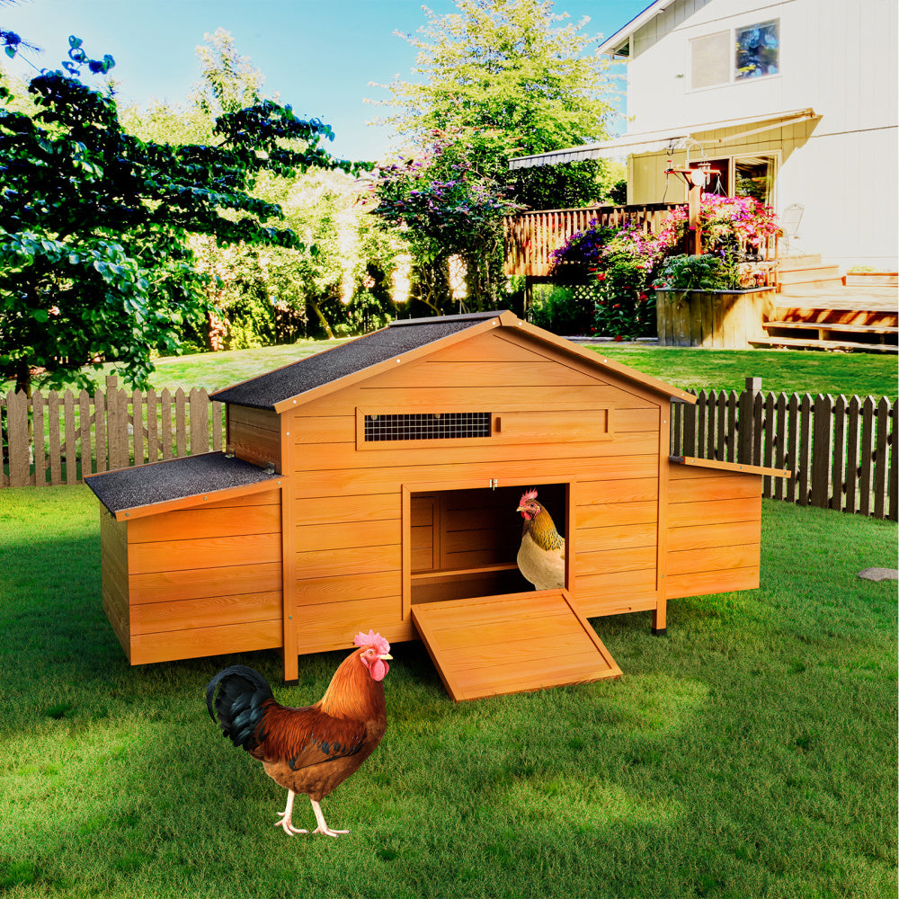 Large Wooden Chicken Coop with Nesting Box, Waterproof Roof, Secure Lock, Ventilated Hen House with Perch & Pull-Out Tray for Easy Cleaning