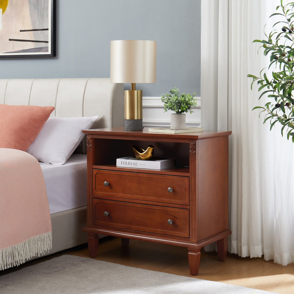 SunJet Open Space and 2 Drawers Dresser Nightstand with Charging Station, Farmhouse End Table with USB Ports and Outlets, Fluted Pilasters Design Side Table with Solid Wood Legs for Bedroom