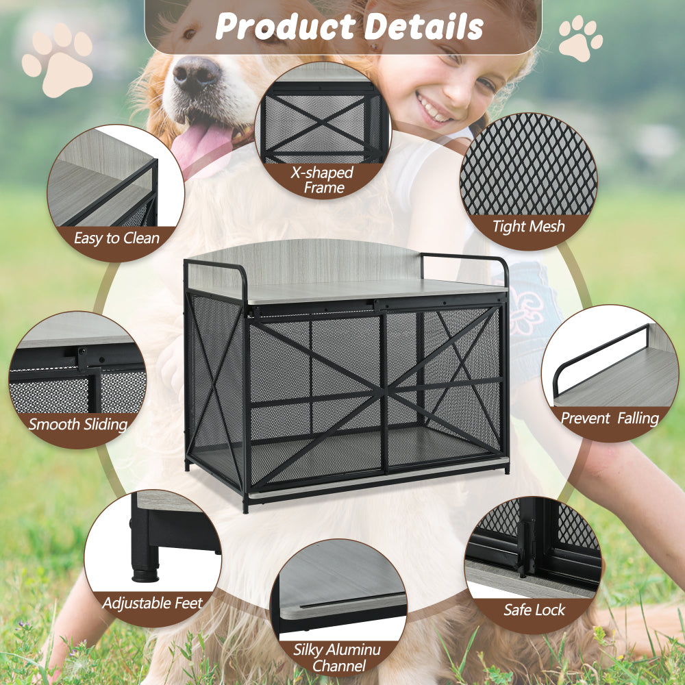 GO 42.8" Heavy Duty Large Dog Crate Furniture for Large Medium Dog, Farmhouse Wooden Dog Kennel Indoor End Table, Decorative Pet House for Large Dogs, Gray