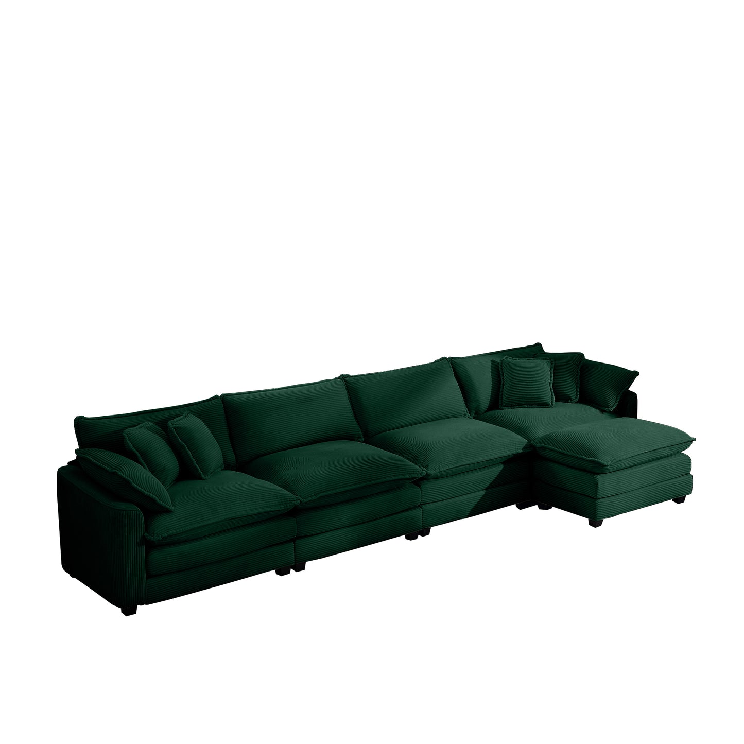 Modern Upholstered 4 Seater Corduroy Sofa with Footstool, Green, Easy to Assemble with Arm and Throw Pillows