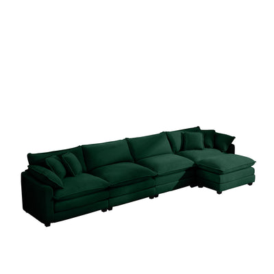 Modern Upholstered 4 Seater Corduroy Sofa with Footstool, Green, Easy to Assemble with Arm and Throw Pillows