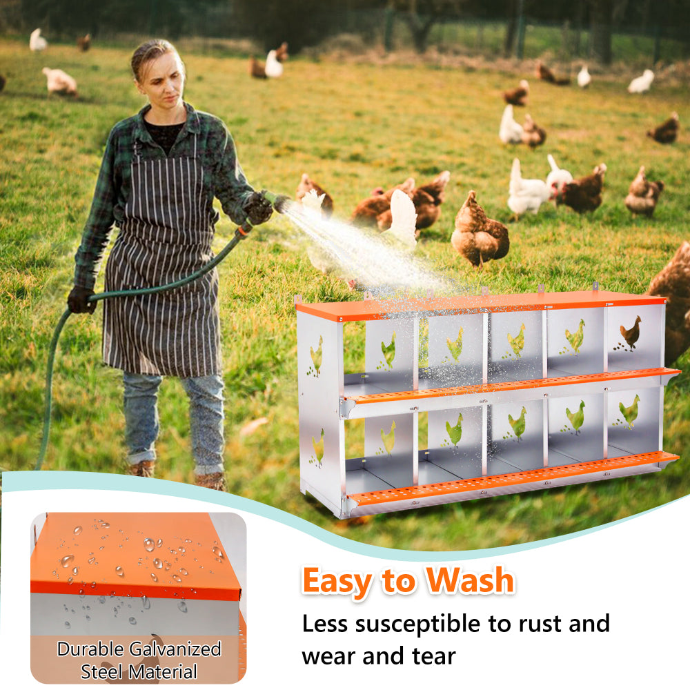 10-Bay Metal Nest Box-Wall Mount for Hens/Ducks, Easy Egg Collection & Assembly, Vented Galvanized Steel Coop Equipment Orange