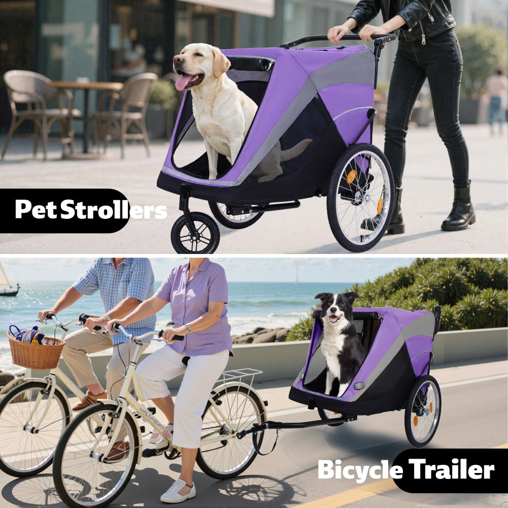 2-in-1 Bike Trailer & Push Cart for Pets - Detachable Bike Hitch & Push Handle Included - Quick Release Wheel, Internal Leash, Dual Cup Pockets and Underneath Storage Bag,  Holds Pets Up to 100 lbs