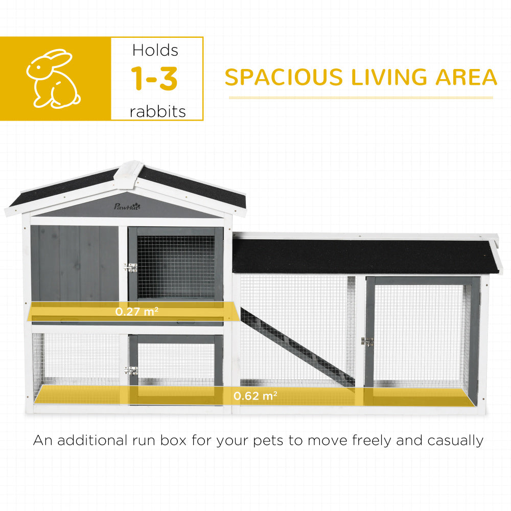 PawHut Wooden Rabbit Hutch, Outdoor Large Rabbit Cage with Run, Tray, Ramp, Asphalt Roof for 1-3 Rabbits, Guinea Pigs, White