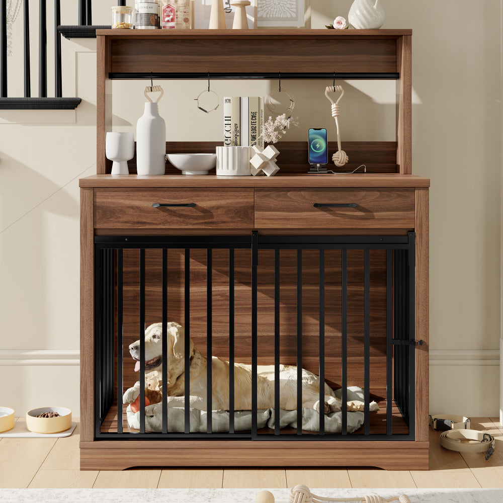 38" Dog Crate Furniture, Heavy Duty Dog Cage Table with 2 Storage Drawers and Shelves, Side End Table with Sliding Door for Dogs Indoor, Brown