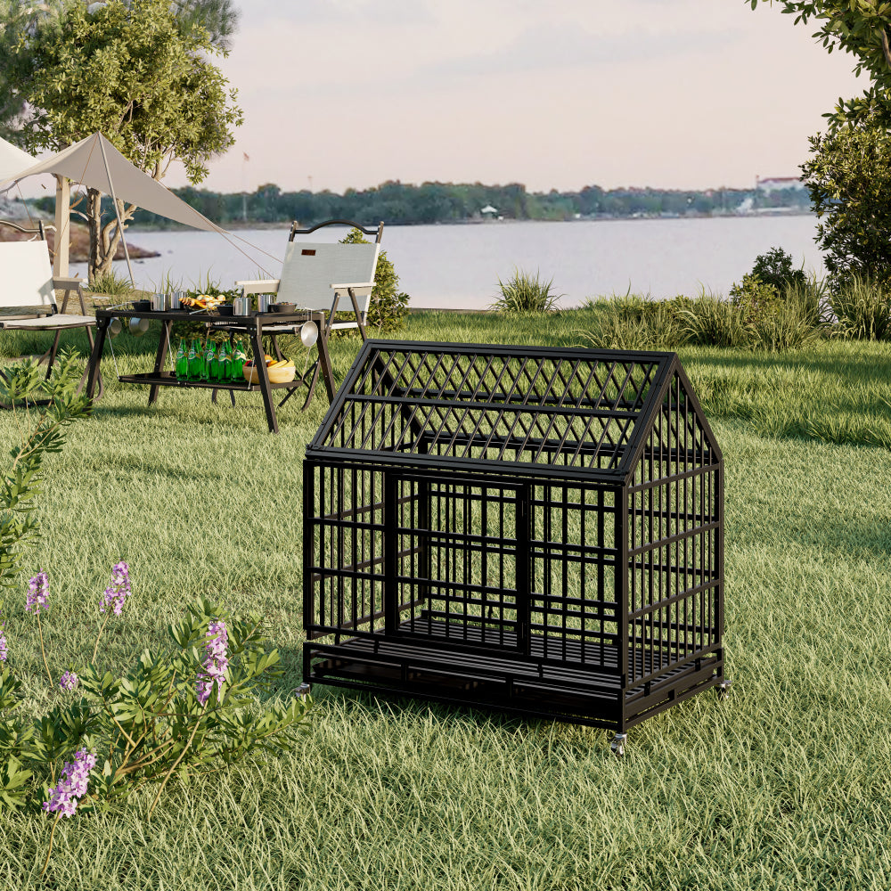 48 Inch Heavy Duty Dog Crate with Wheels, Folding Metal Big Dog Cage for Large and Medium Dogs, Cage with a pointed roof and Removable Tray.