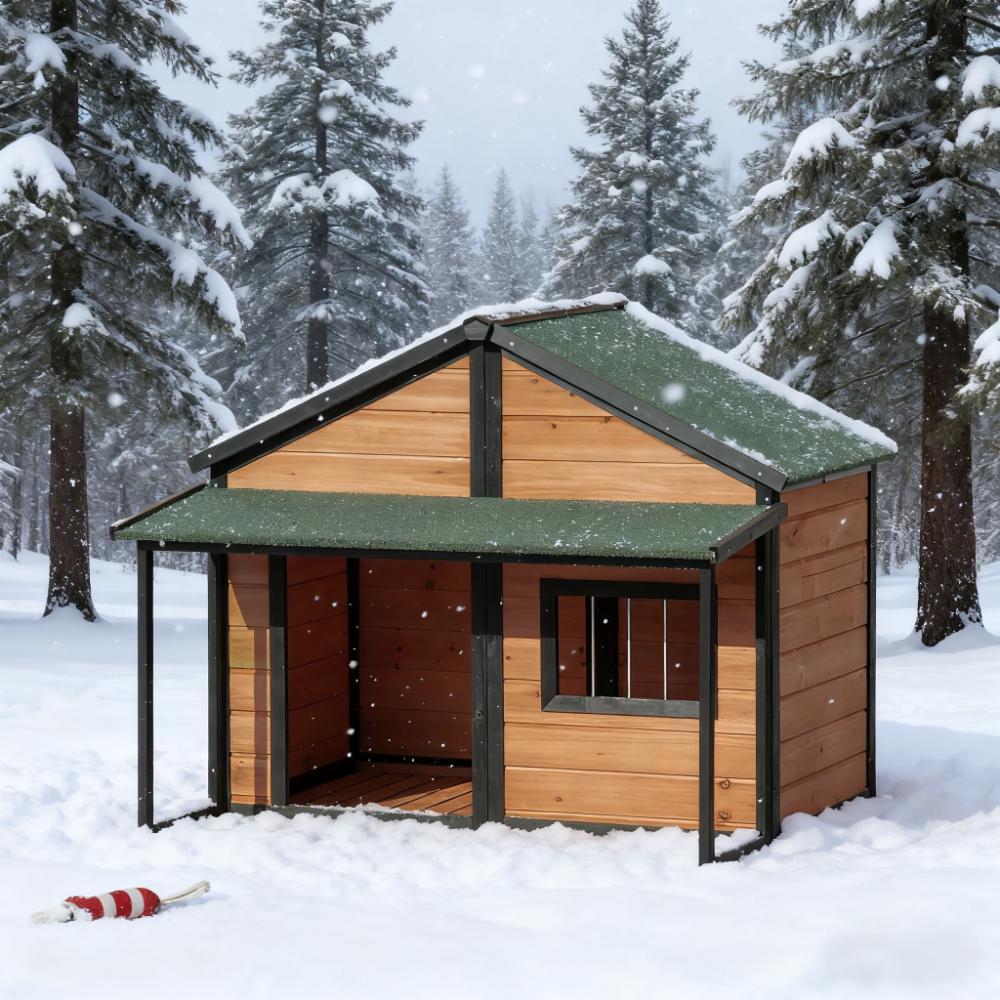 Dog Kennel House Outdoor Dog House Wooden Raised Pet Kennel with Asphalt Roof, Front Door, Side Window, Porch