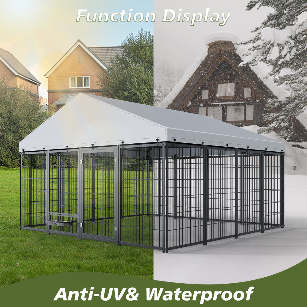 Large Dog Kennel Outdoor Pet Pens Dogs Run Enclosure Animal Hutch Metal Coop Fence with Roof Cover. 9.62'L x 9.35'W x 6.18'H.