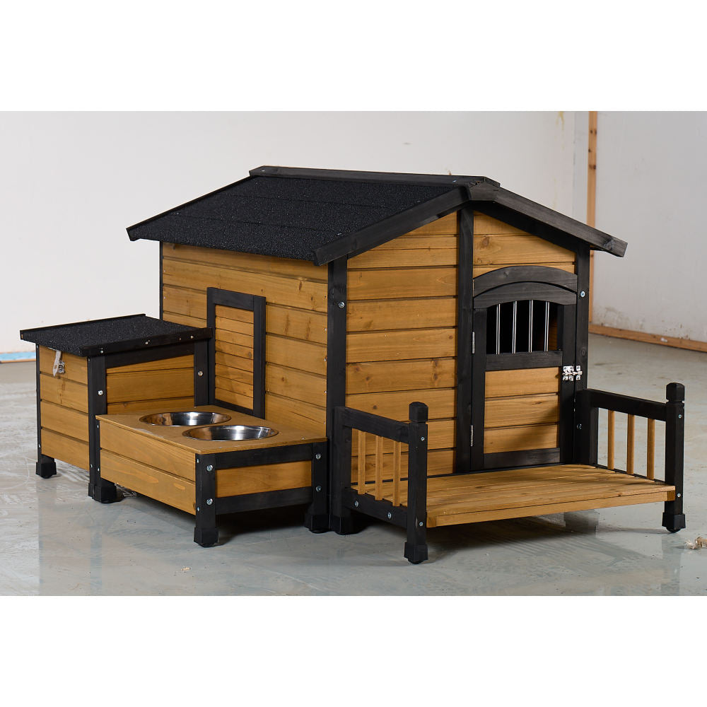 Large Wooden Dog House with Storage Box and Feeding Station, Outdoor Pet Kennel with Asphalt Roof, Porch, and Lockable Door – Weatherproof Fir Wood Dog Home for Small to Medium Dogs
