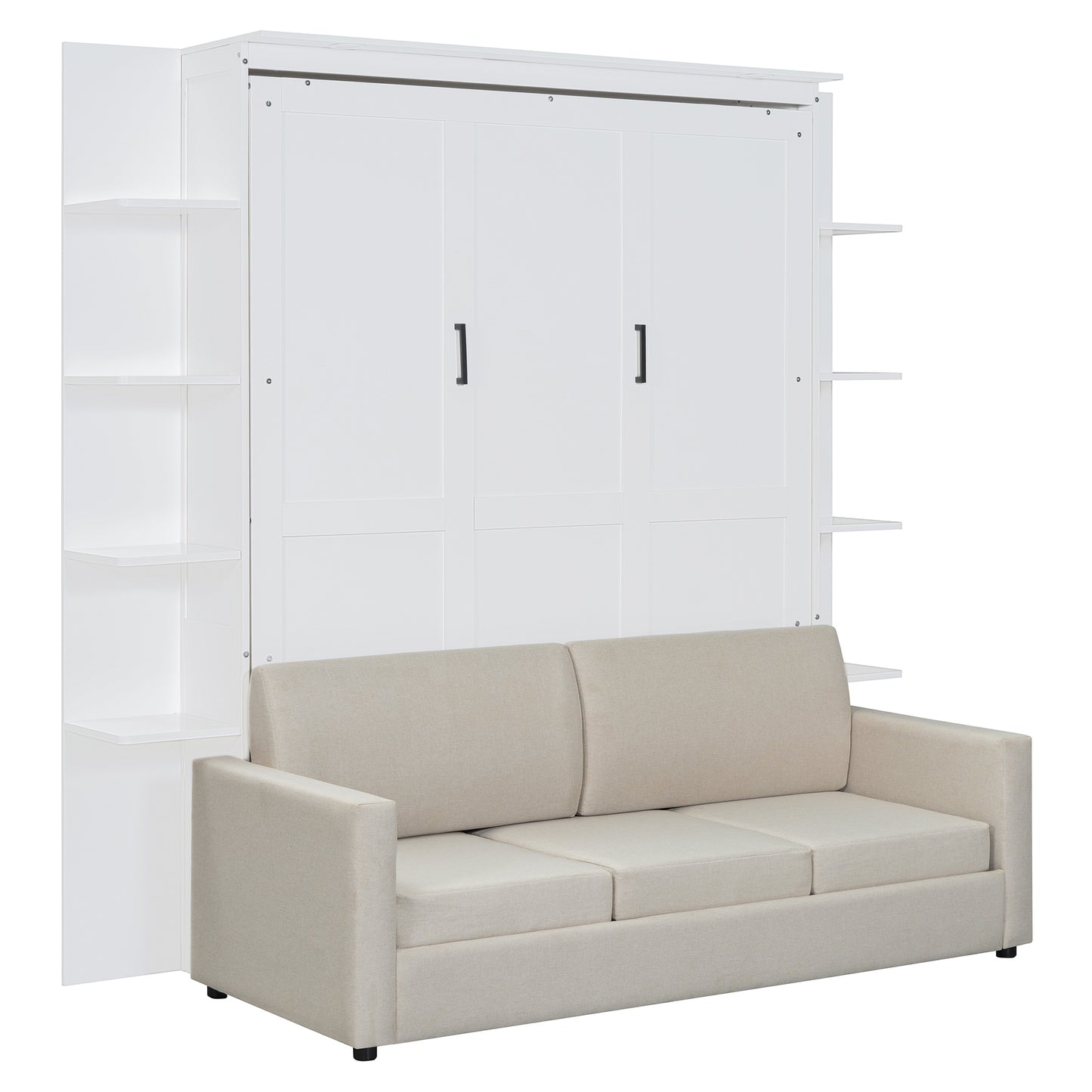 Queen Size Murphy Bed Wall Bed with Sofa, Space-Saving White MDF and LVL Construction