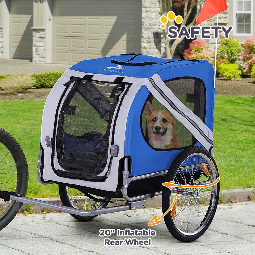 Aosom Dog Bike Trailer Pet Cart Bicycle Wagon Cargo Carrier Attachment for Travel with 3 Entrances Large Wheels for Off-Road & Mesh Screen - Light Blue / White