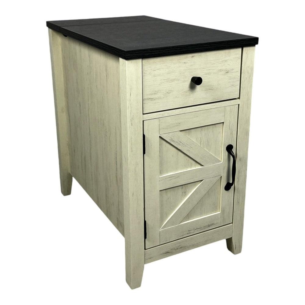 SunJet Farmhouse End Table Bedside Table with Charging Station,Night Stand with Barn Door and Drawer, Storage for Bedroom Living Room ,Bedside Table,  White+Black color